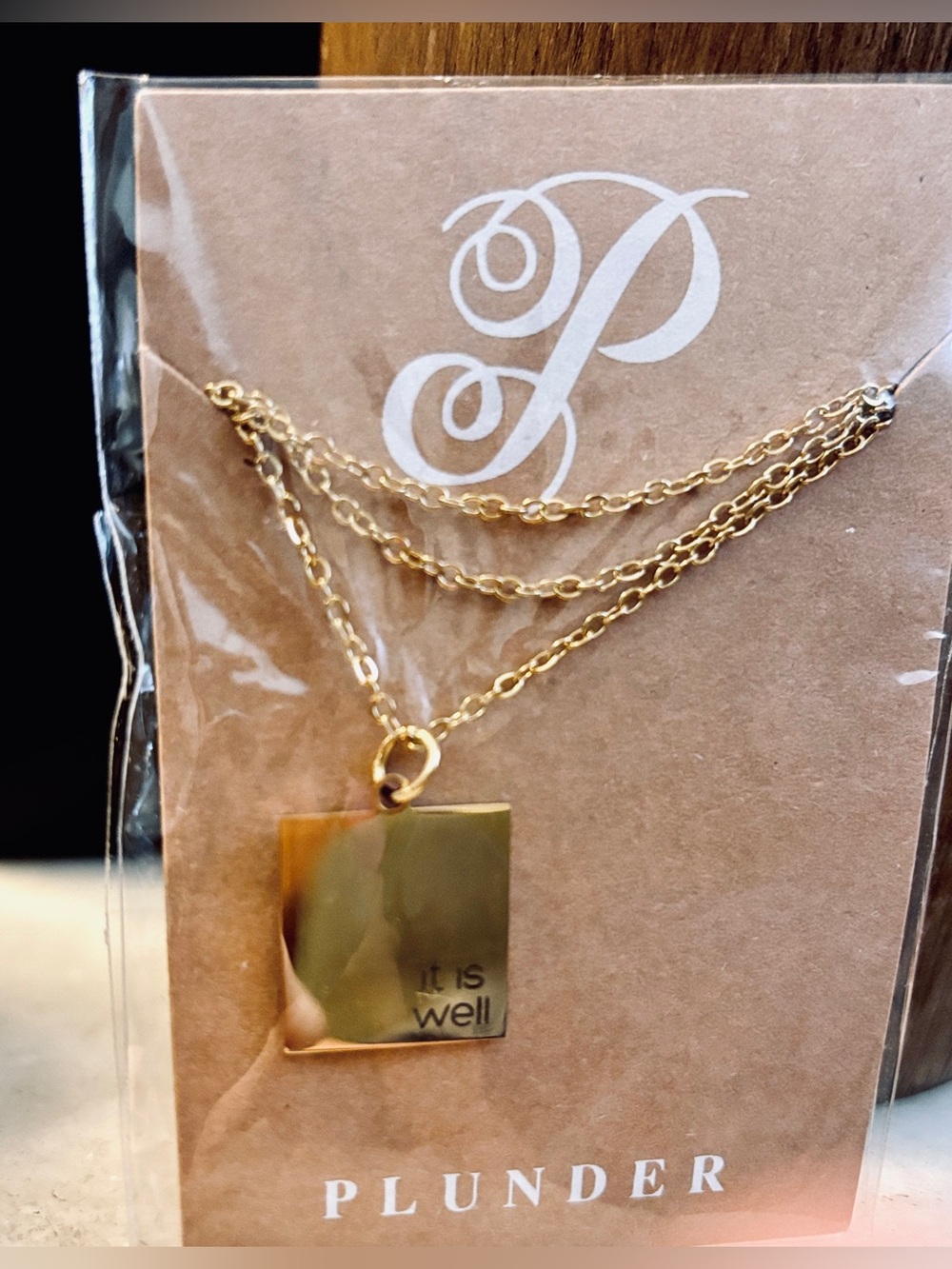 Necklace & Gold-tone Square Pendant with “It Is well” Engraved, NIP, 18”L+2”Ext